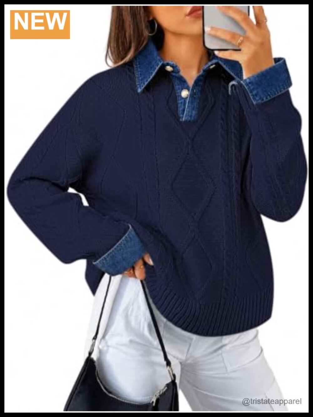 Women's Cable Knit V-Neck Pullover Sweater Long Sleeve Button Down Polo Collar